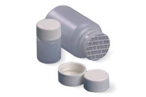 Pharmaceutical bottle with induction seal liner and screw cap demonstrating tamper-evident packaging.