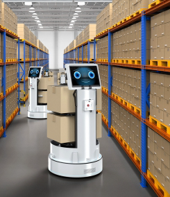 Autonomous mobile robots transporting cartons in a warehouse aisle for automated material handling and intralogistics operations.