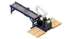 Robotic palletizing system with conveyor and robotic arm designed for automated product handling and pallet stacking.