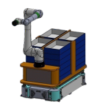 Autonomous mobile robot equipped with a collaborative robotic arm for automated material handling and pallet transport.