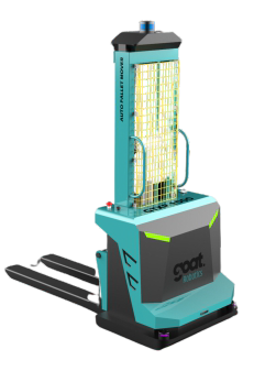Autonomous mobile robot stacker with lifting forks and a safety mast, designed for automated pallet handling in warehouses.