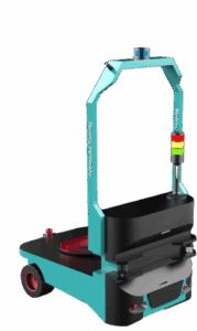 Autonomous mobile robot with a lifting platform and overhead sensor mast, designed for material handling and warehouse automation.