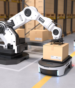Collaborative robotic arm picking and placing cartons onto an autonomous mobile robot for automated material handling and warehouse logistics.