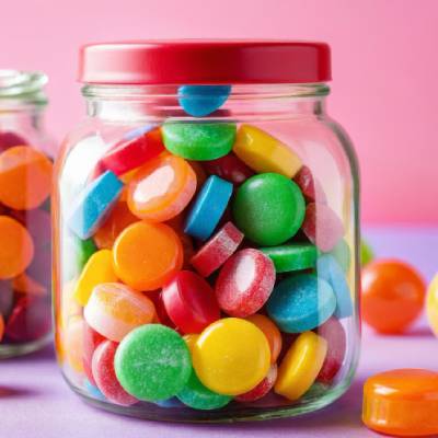 Transparent glass jar with a red screw cap filled with colorful round candies, displayed against a pink background. The container showcases product visibility and attractive retail packaging.