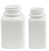 White plastic pharmaceutical bottles designed for tablets, capsules, powders, and nutraceutical packaging.