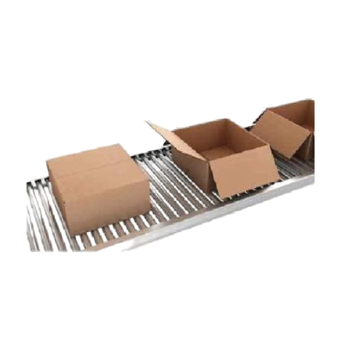 Cardboard cartons moving on a conveyor system during automated packaging and material handling operations.