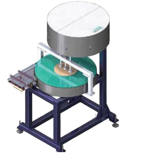 Cap turntable and accumulator system used for collecting, buffering, and feeding caps in automated packaging lines.