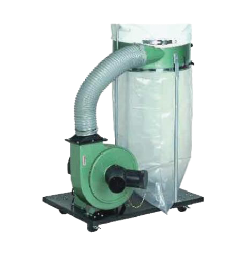 Industrial dust extraction system with blower, flexible hose, and collection bag for removing dust and airborne particles from production environments.