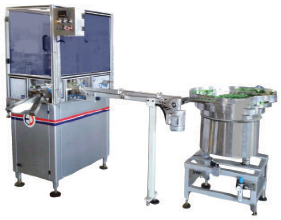 Automatic flip-top cap closing machine with vibratory bowl feeder and conveyor system for cap assembly applications.