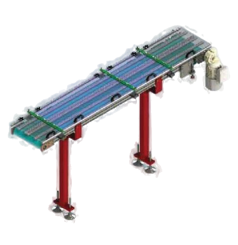 Modular belt conveyor system used for automated product transportation in packaging and manufacturing lines.