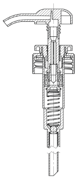 Cross-sectional view of a lotion pump dispenser showing internal components, spring mechanism, and dispensing pathway.