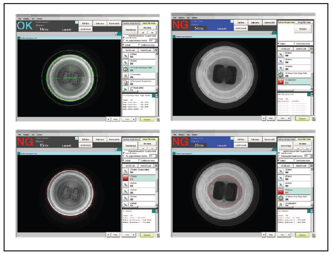 Vision inspection software interface displaying automated quality inspection results for plastic closures and packaging components.
