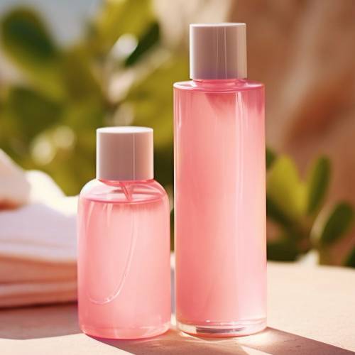 Two transparent cosmetic bottles filled with pink liquid, displayed side by side with white caps in a soft, natural setting.