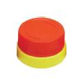 Closed plastic screw cap securely fitted onto a container closure for product sealing and protection.