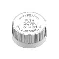 Child-resistant plastic cap with push-and-turn safety mechanism designed for secure packaging and consumer protection.