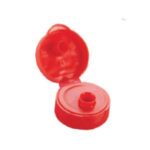 Red flip-top plastic cap in the open position, designed for dispensing personal care and household products.