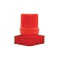 Red plastic dispensing closure with threaded base designed for secure attachment and controlled product dispensing.