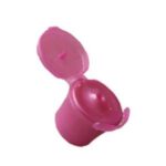 Pink flip-top plastic cap in the open position, designed for dispensing personal care and cosmetic products.