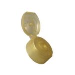 Natural-colored flip-top plastic cap in the open position, used for dispensing personal care and cosmetic products.