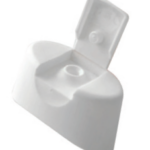 White flip-top plastic cap in the open position, designed for dispensing personal care and household products.