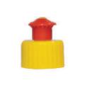 Push-pull dispensing closure with yellow cap and red nozzle designed for controlled liquid dispensing.