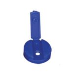 Blue plastic flip-top cap in the open position, designed for controlled dispensing of liquid and semi-liquid products.