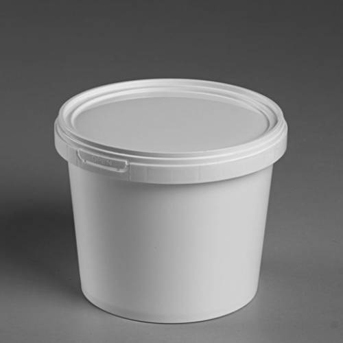 White plastic food-grade container with a snap-on lid used for packaging dairy products, spreads, powders, and food ingredients.