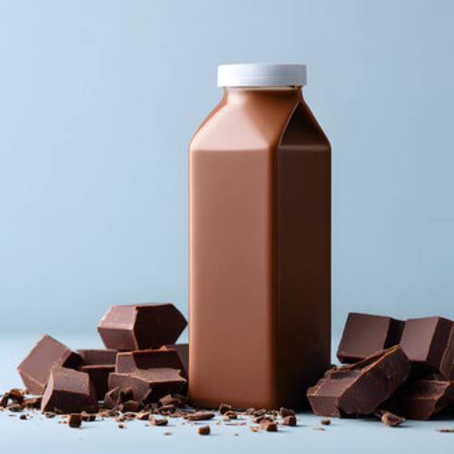 Chocolate milk beverage in a rectangular plastic bottle with a white screw cap, surrounded by pieces of chocolate.
