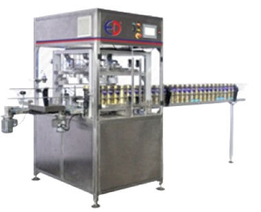 Automatic cap assembly machine with an integrated conveyor system processing multiple bottles in a continuous production line.
