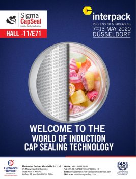 Interpack 2020 promotional poster featuring Sigma CapSeal’s induction cap sealing technology and a sealed candy container.