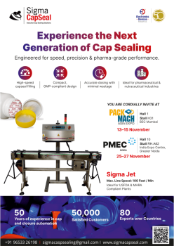 Sigma CapSeal poster featuring the Sigma Jet induction sealing machine, key product benefits, upcoming expo participation, and company achievements.