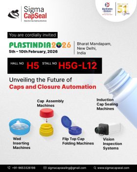 Promotional banner inviting visitors to the Sigma CapSeal booth at Plastindia 2026, showcasing cap and closure automation solutions.