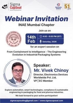Webinar invitation poster featuring Vivek Chinoy speaking on industrial packaging systems for the INAE Mumbai Chapter.