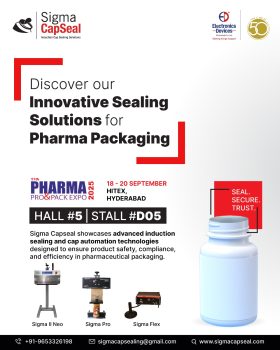 Promotional banner for Sigma CapSeal showcasing induction sealing and cap automation solutions for pharmaceutical packaging at Pharma Pro & Pack Expo 2025.