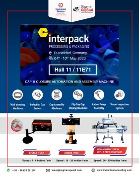 Interpack 2023 promotional banner showcasing Sigma CapSeal’s cap and closure automation, induction sealing, and packaging machinery solutions.