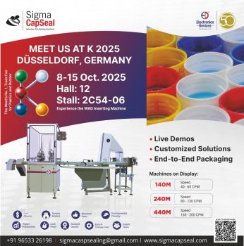 Promotional banner for Sigma CapSeal showcasing wad inserting machines at K 2025 in Düsseldorf, Germany.